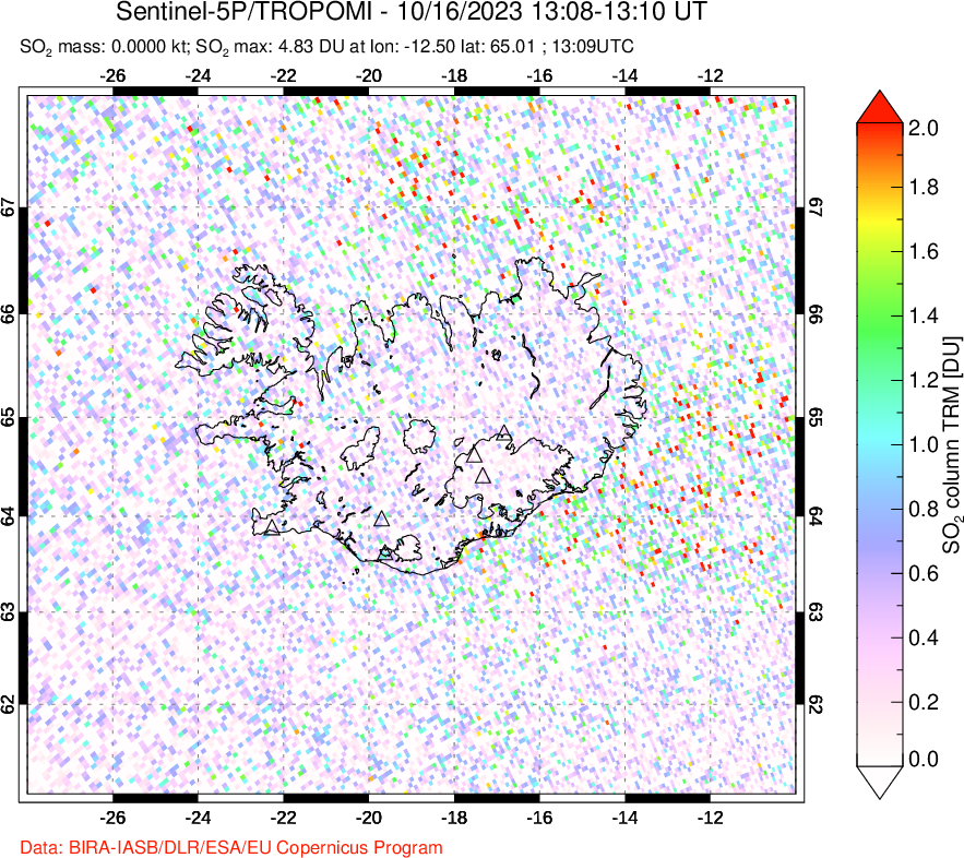 A sulfur dioxide image over Iceland on Oct 16, 2023.