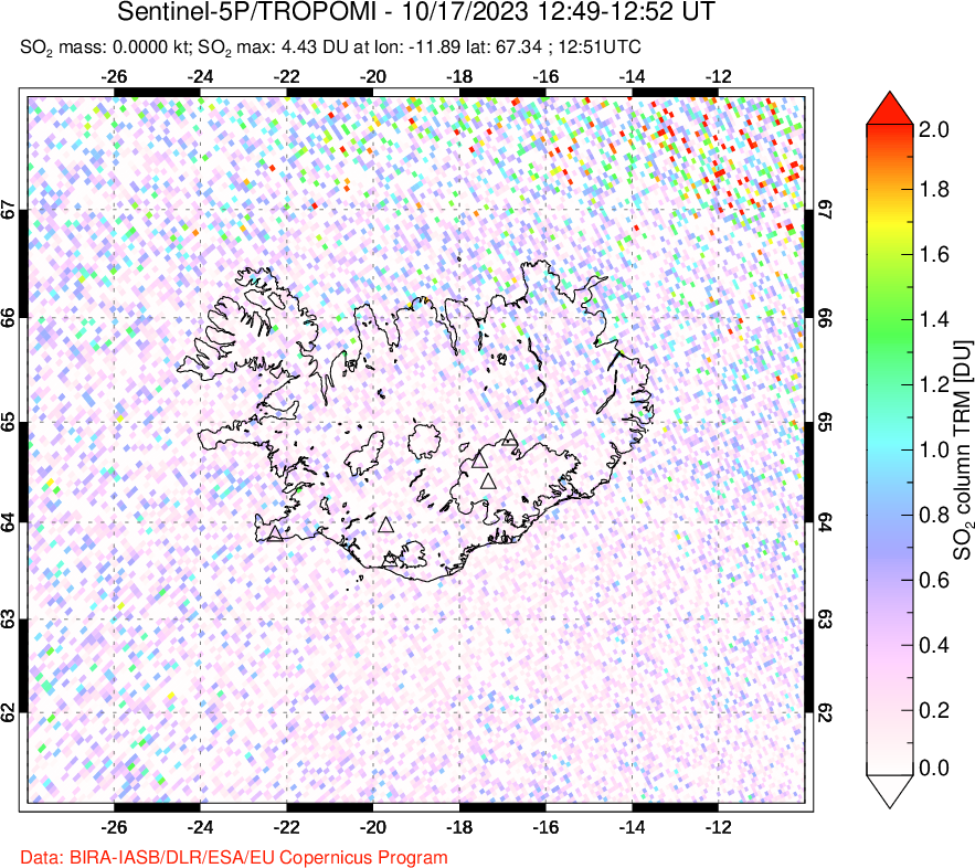 A sulfur dioxide image over Iceland on Oct 17, 2023.