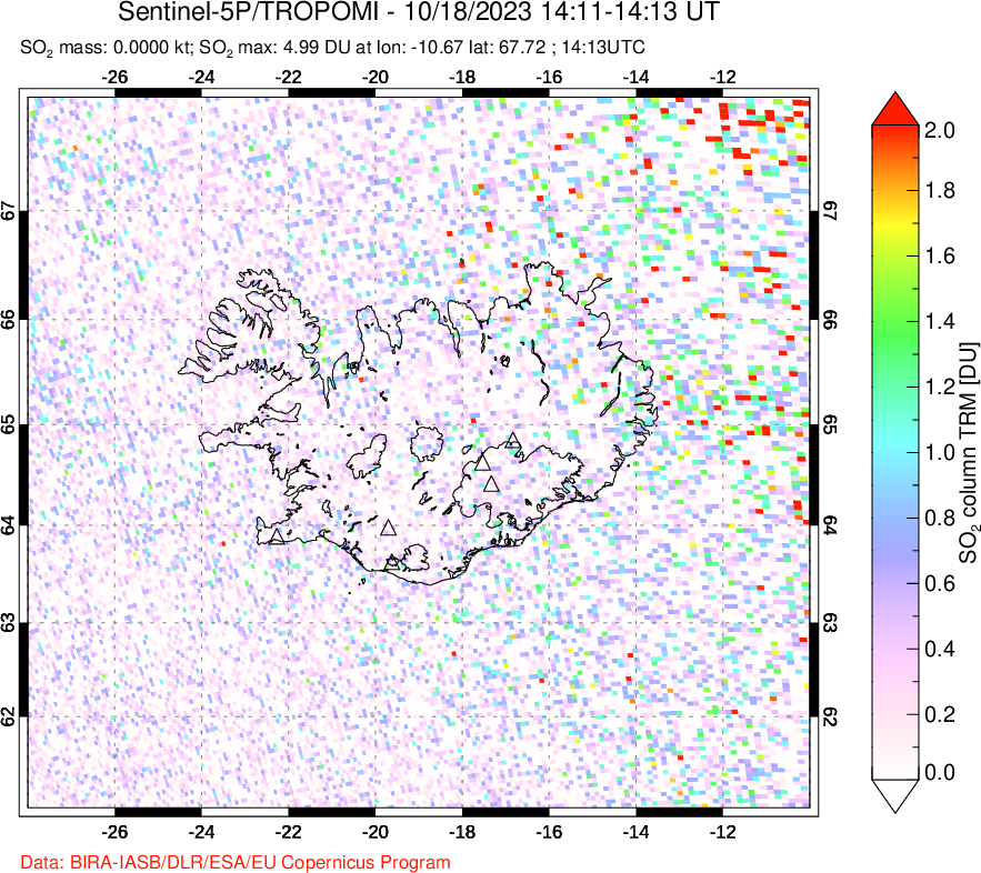 A sulfur dioxide image over Iceland on Oct 18, 2023.