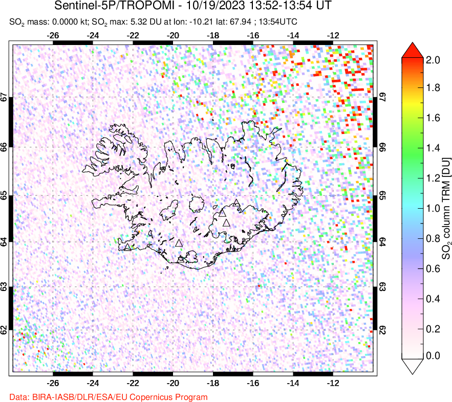 A sulfur dioxide image over Iceland on Oct 19, 2023.