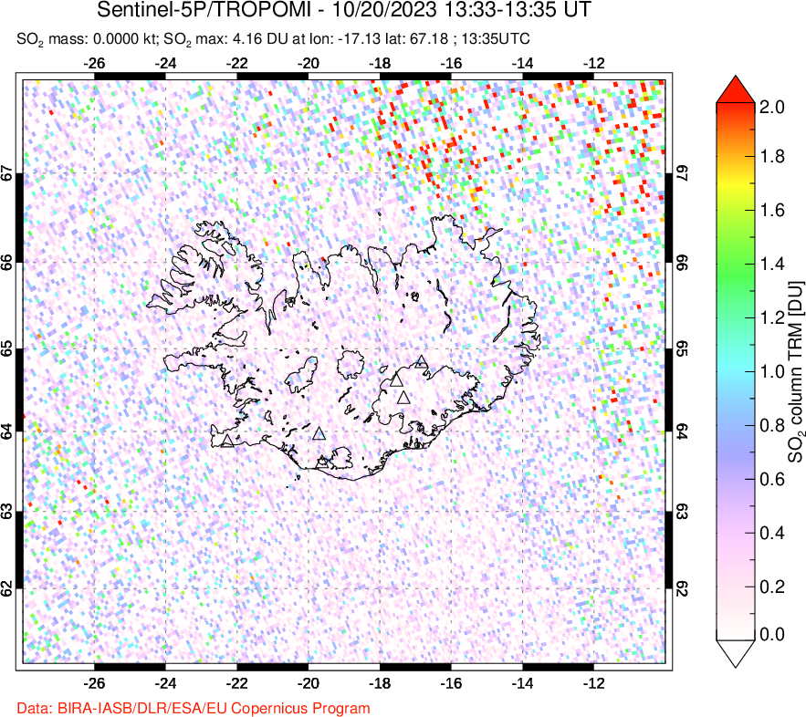 A sulfur dioxide image over Iceland on Oct 20, 2023.