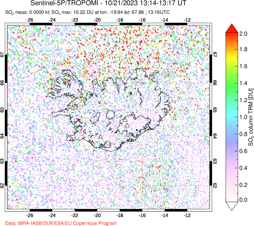 A sulfur dioxide image over Iceland on Oct 21, 2023.