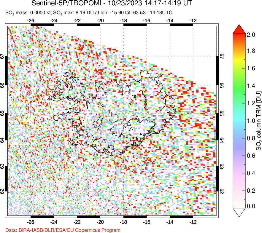 A sulfur dioxide image over Iceland on Oct 23, 2023.