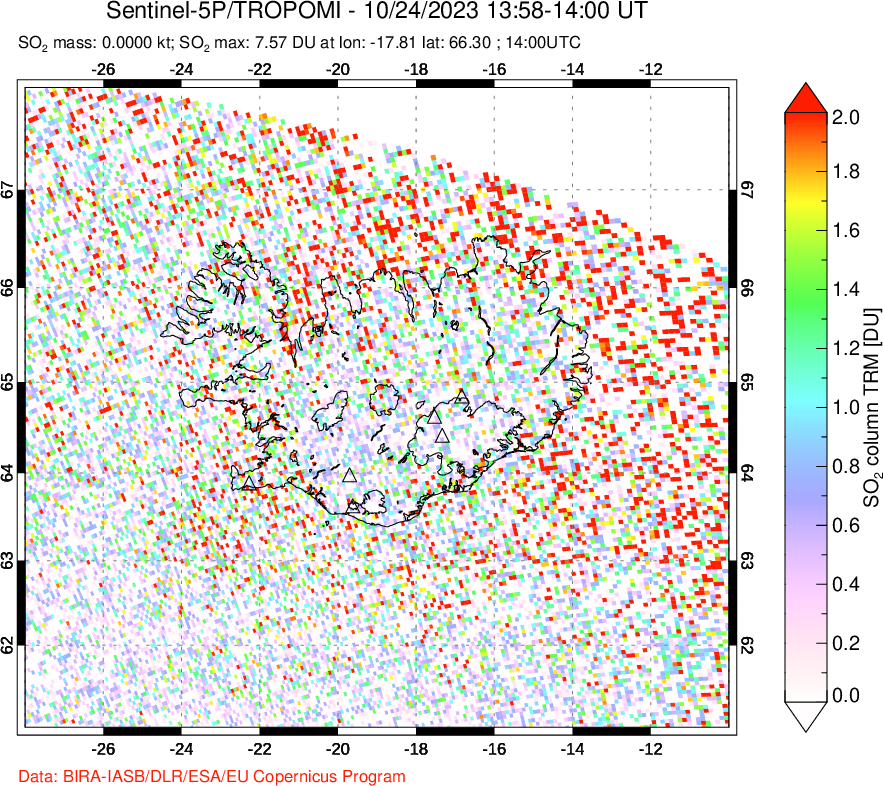 A sulfur dioxide image over Iceland on Oct 24, 2023.