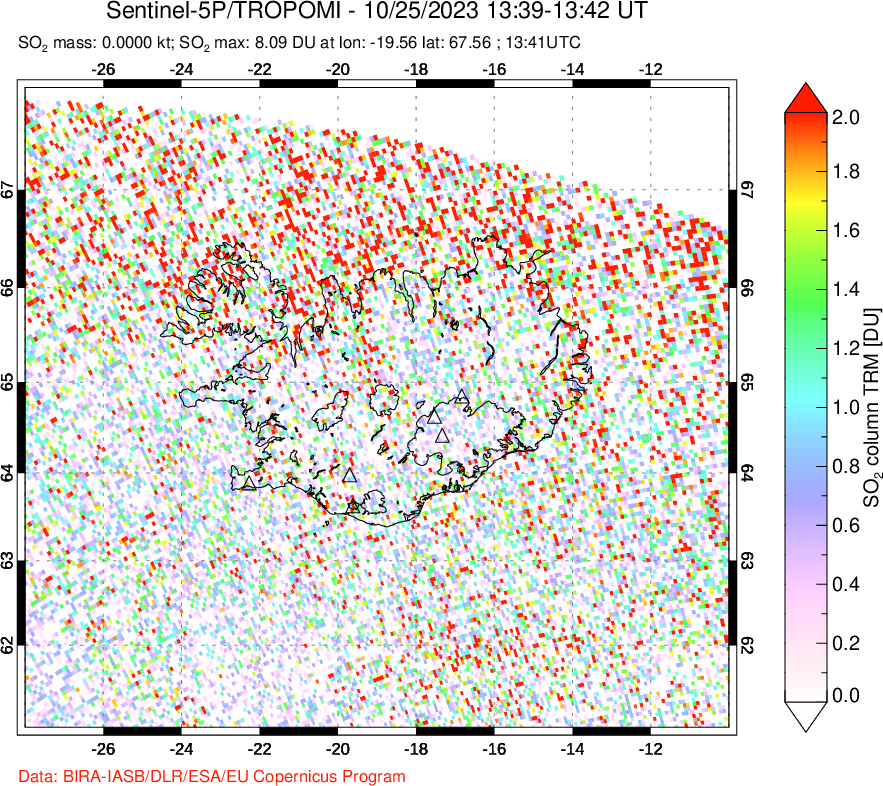 A sulfur dioxide image over Iceland on Oct 25, 2023.