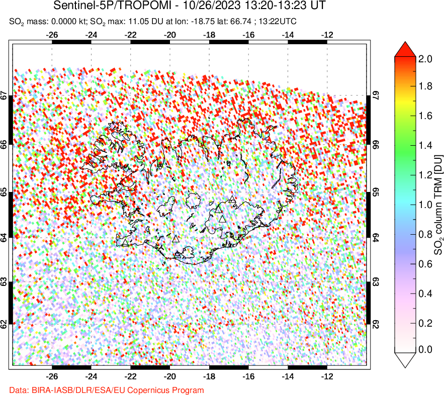 A sulfur dioxide image over Iceland on Oct 26, 2023.