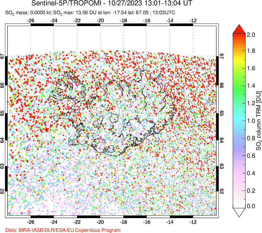 A sulfur dioxide image over Iceland on Oct 27, 2023.