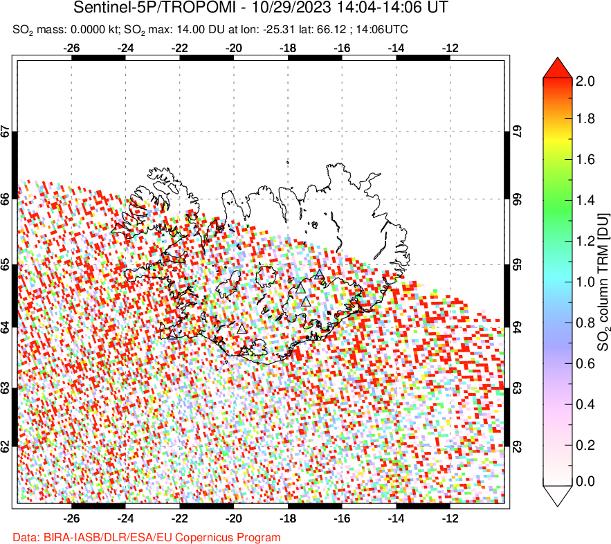 A sulfur dioxide image over Iceland on Oct 29, 2023.