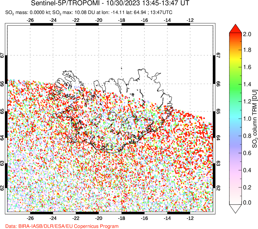 A sulfur dioxide image over Iceland on Oct 30, 2023.