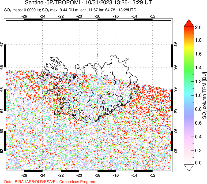 A sulfur dioxide image over Iceland on Oct 31, 2023.