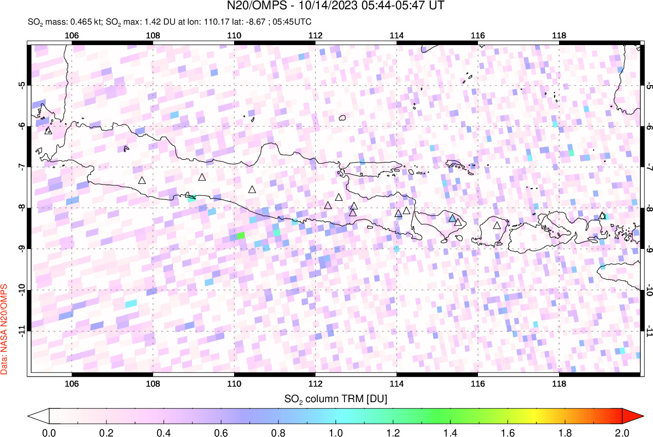 A sulfur dioxide image over Java, Indonesia on Oct 14, 2023.