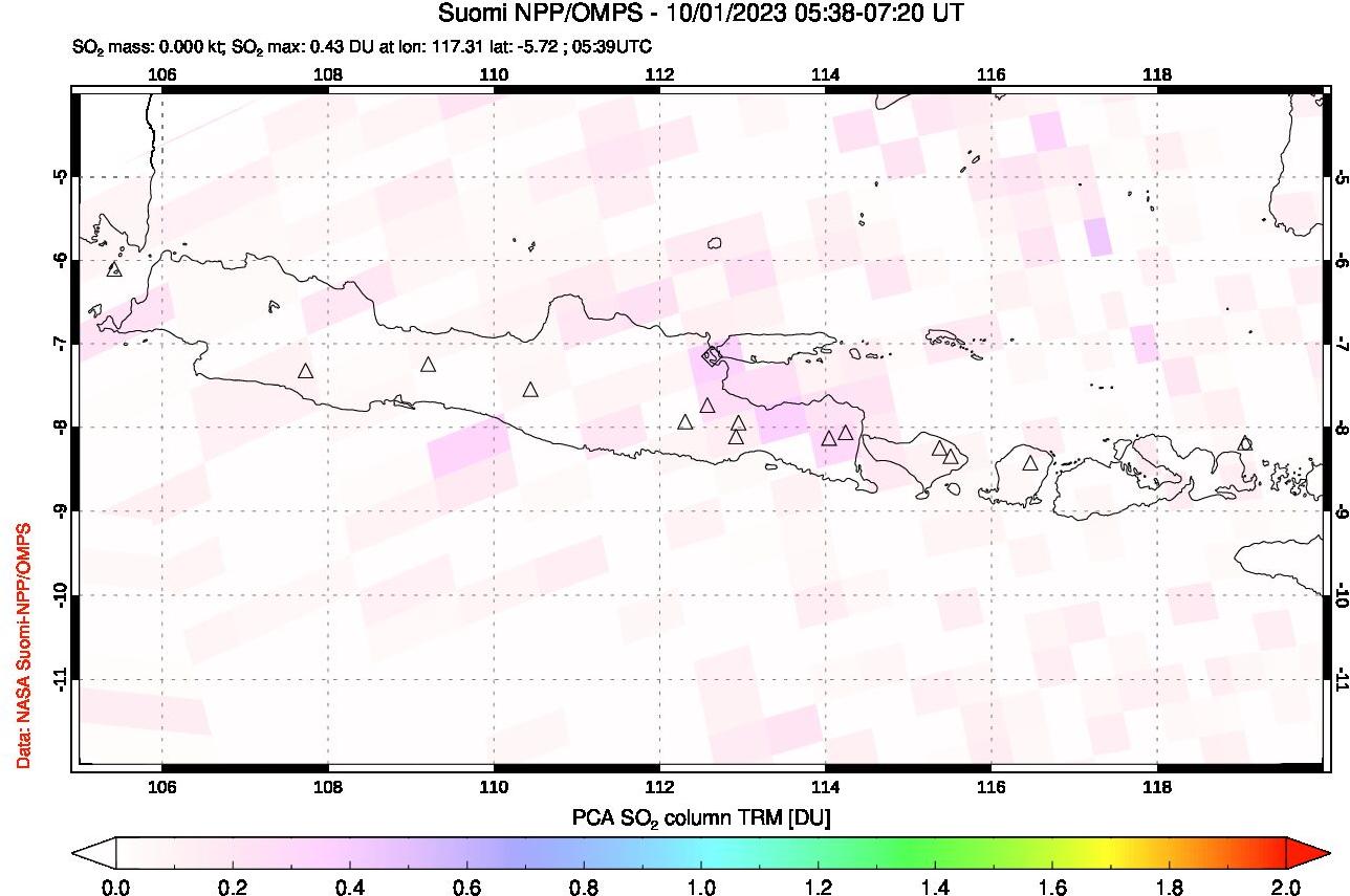 A sulfur dioxide image over Java, Indonesia on Oct 01, 2023.