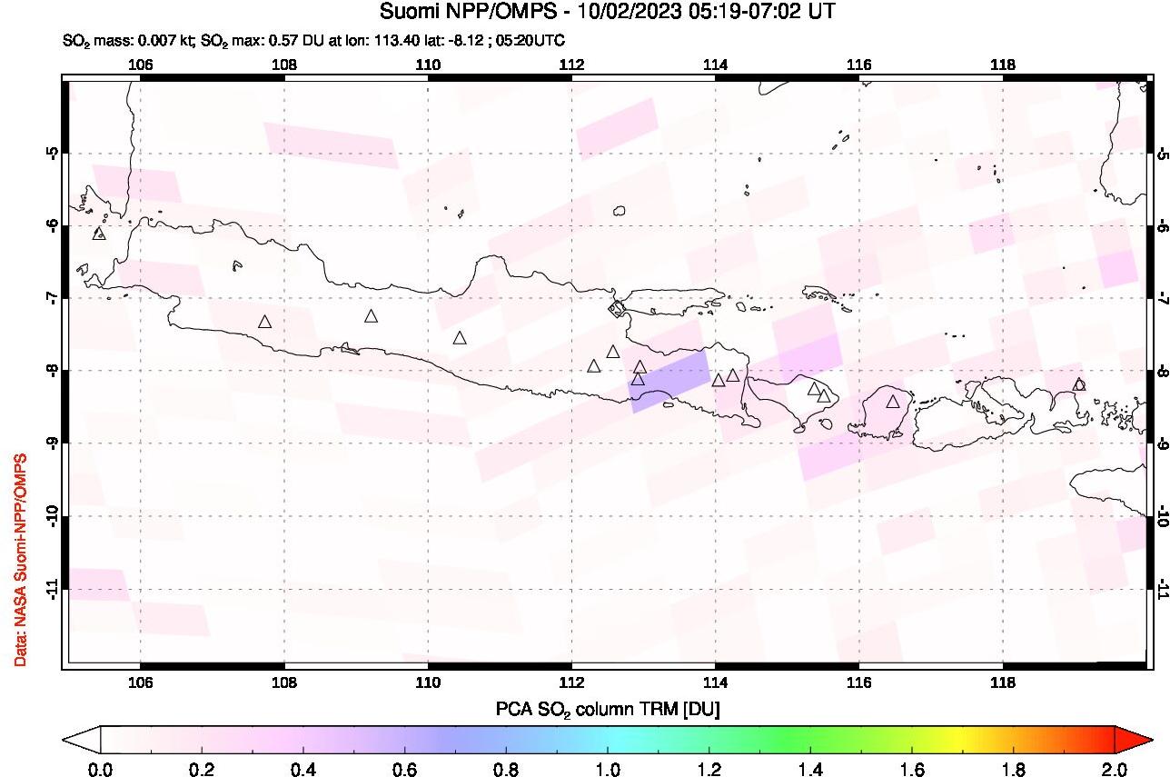 A sulfur dioxide image over Java, Indonesia on Oct 02, 2023.