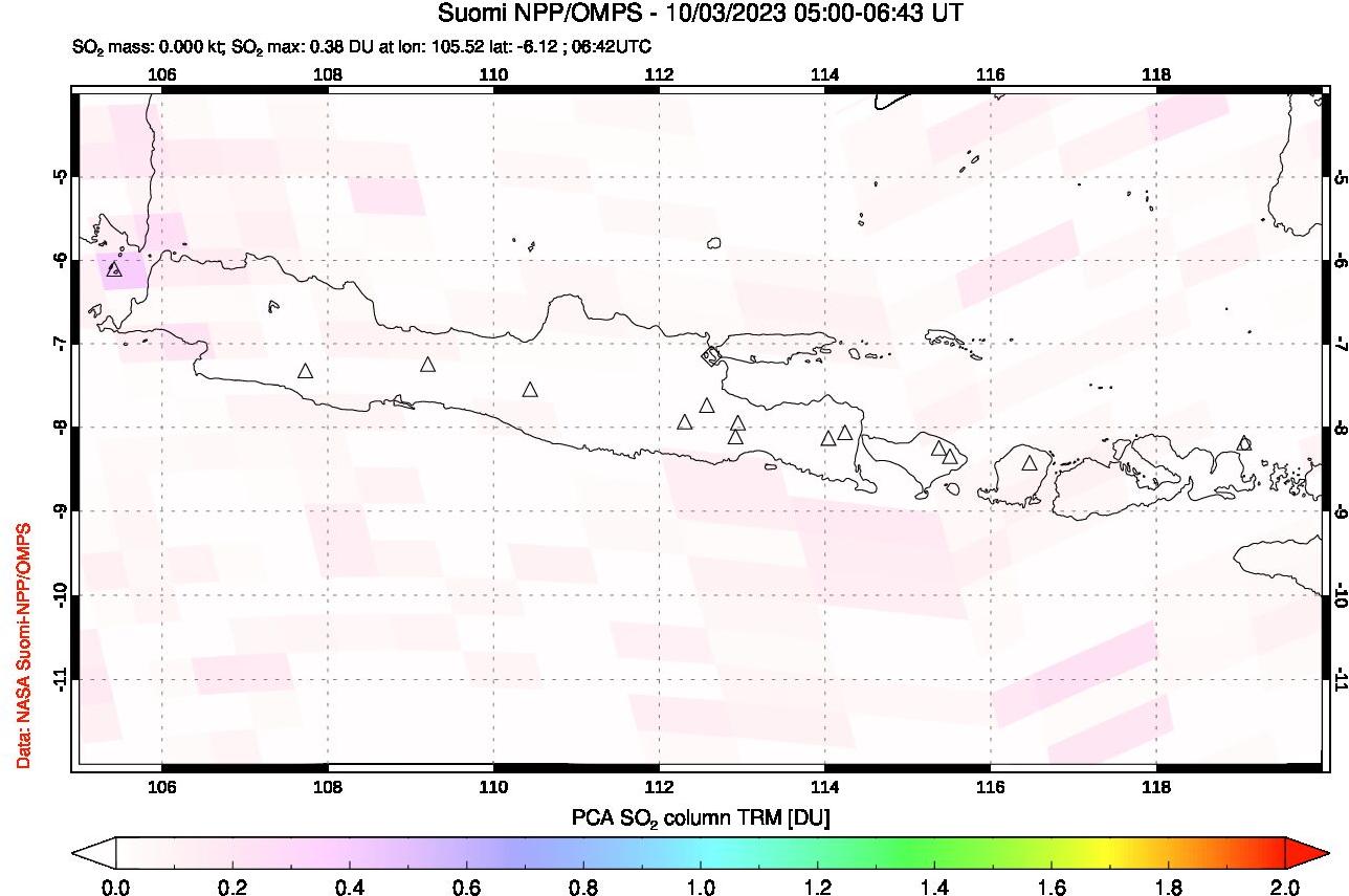 A sulfur dioxide image over Java, Indonesia on Oct 03, 2023.