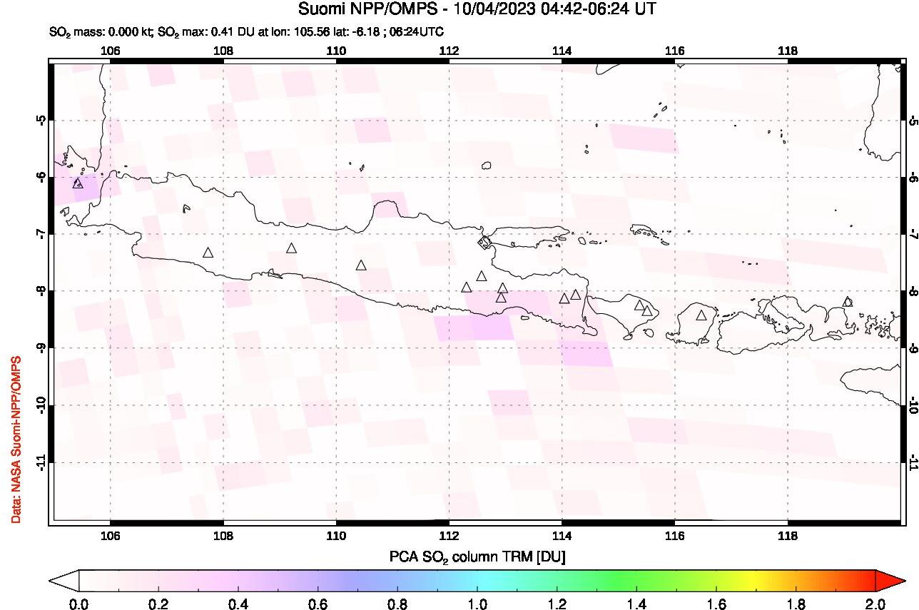 A sulfur dioxide image over Java, Indonesia on Oct 04, 2023.