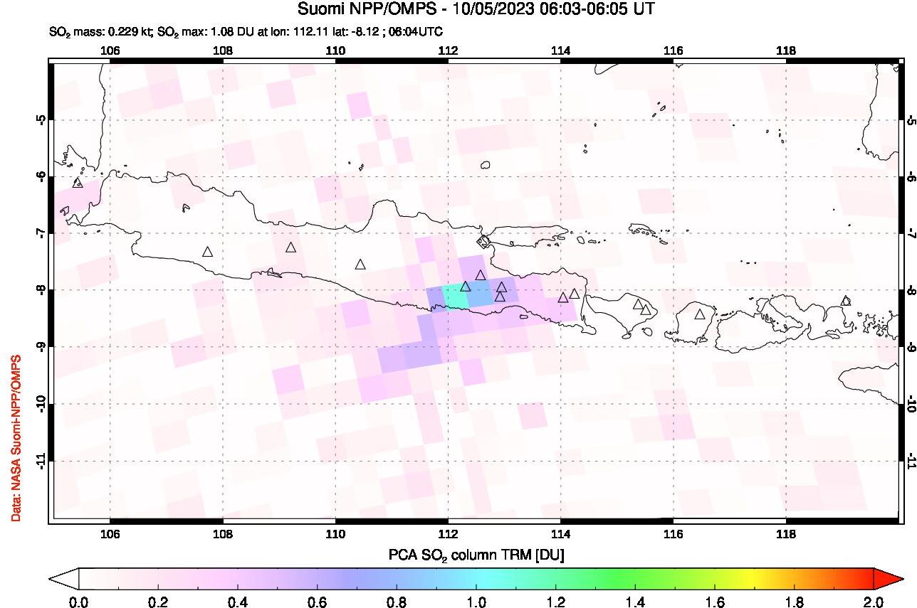 A sulfur dioxide image over Java, Indonesia on Oct 05, 2023.