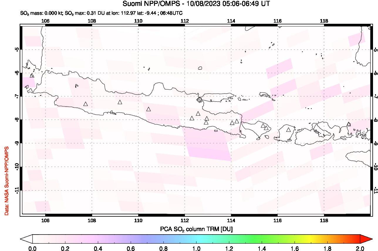 A sulfur dioxide image over Java, Indonesia on Oct 08, 2023.