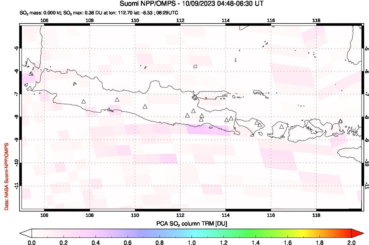 A sulfur dioxide image over Java, Indonesia on Oct 09, 2023.