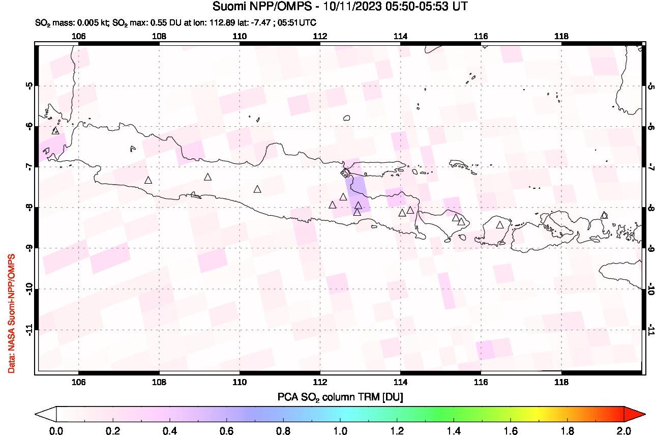 A sulfur dioxide image over Java, Indonesia on Oct 11, 2023.