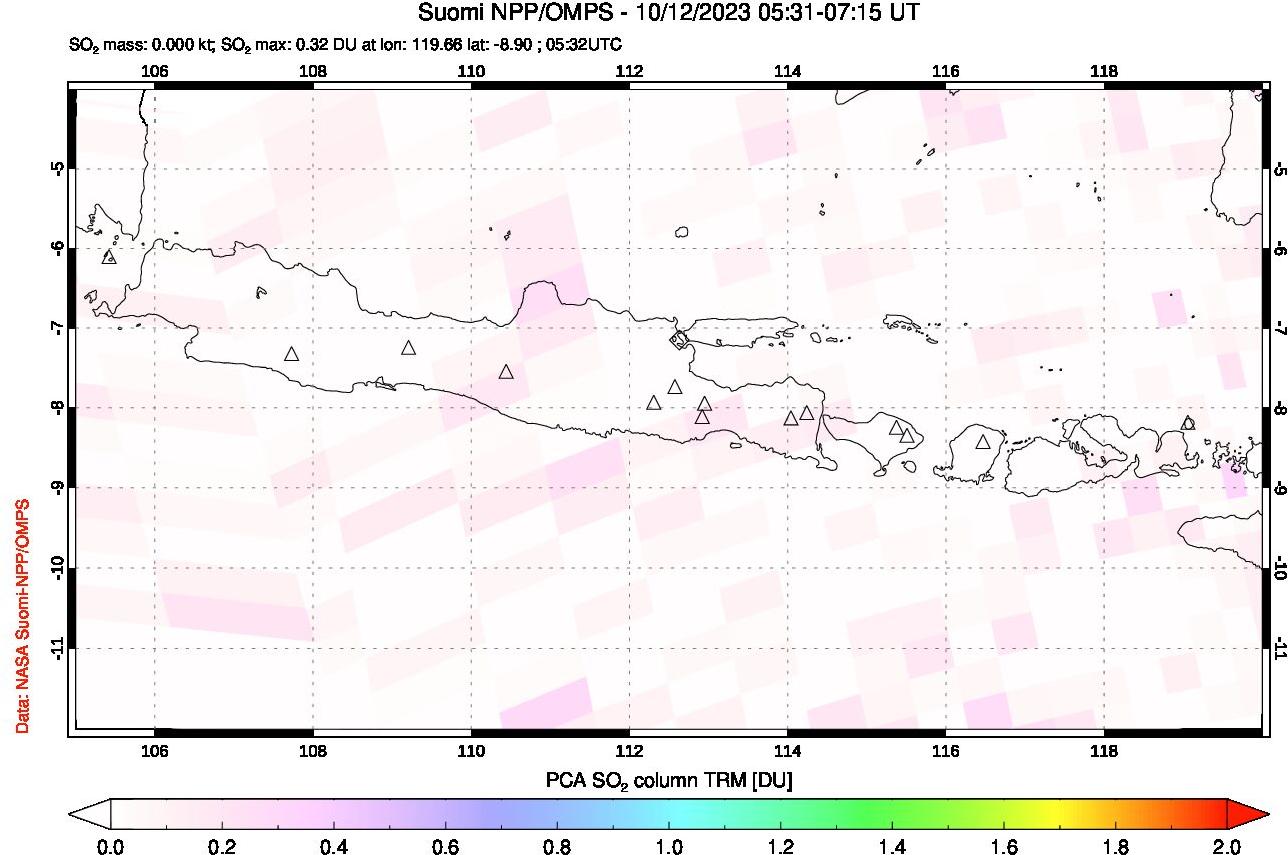 A sulfur dioxide image over Java, Indonesia on Oct 12, 2023.