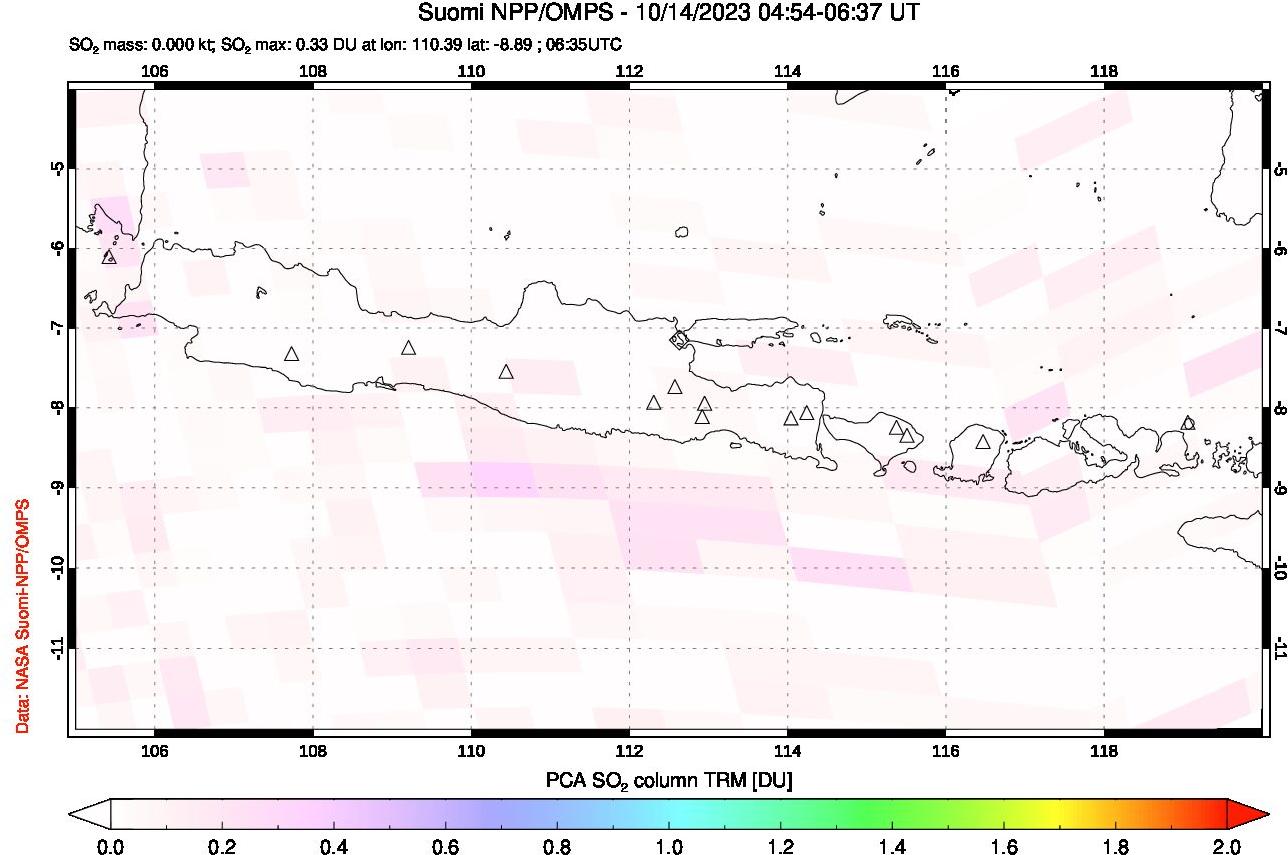 A sulfur dioxide image over Java, Indonesia on Oct 14, 2023.