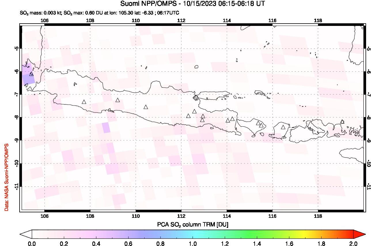 A sulfur dioxide image over Java, Indonesia on Oct 15, 2023.