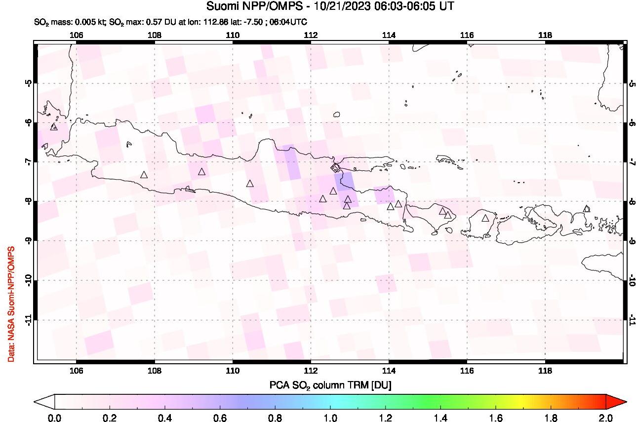 A sulfur dioxide image over Java, Indonesia on Oct 21, 2023.