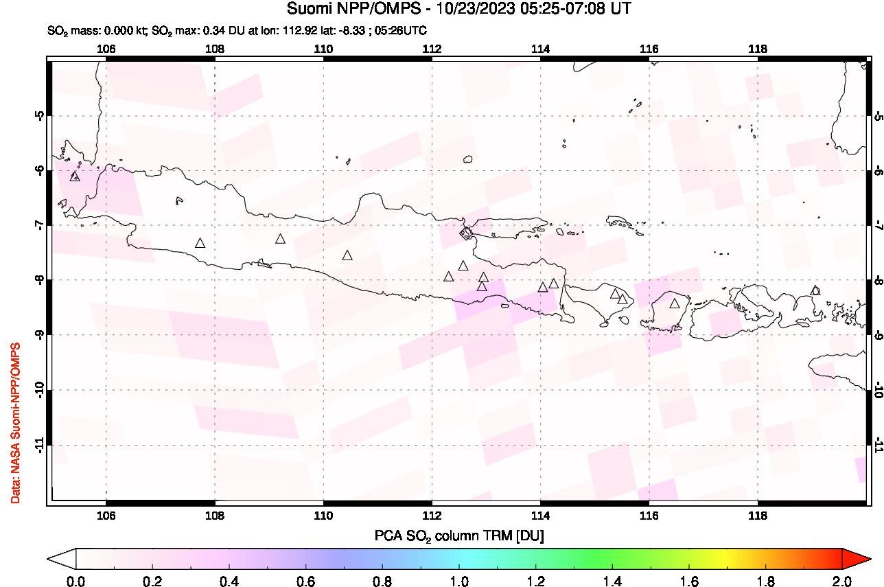 A sulfur dioxide image over Java, Indonesia on Oct 23, 2023.