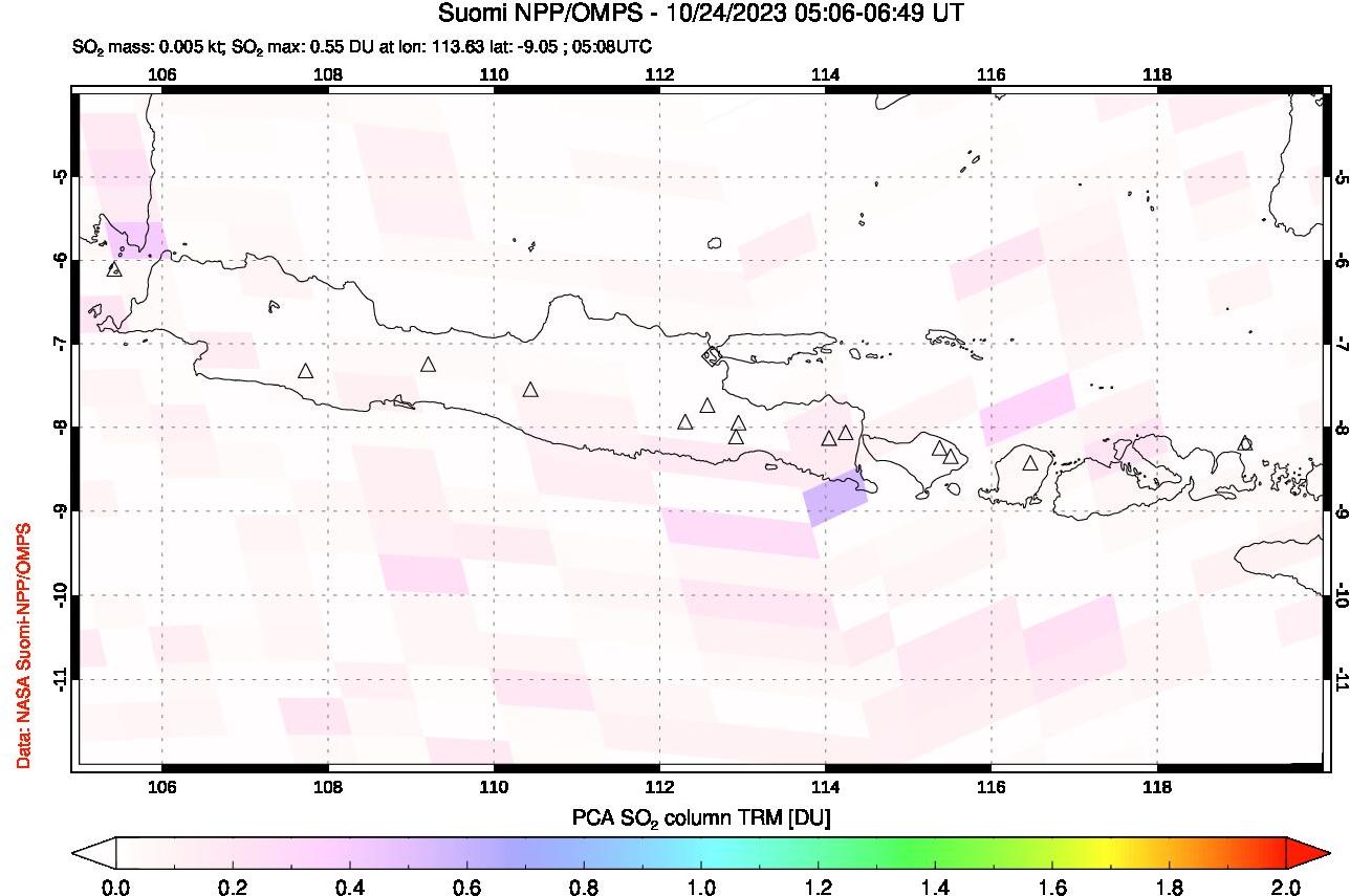 A sulfur dioxide image over Java, Indonesia on Oct 24, 2023.