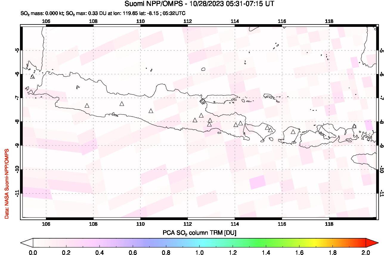 A sulfur dioxide image over Java, Indonesia on Oct 28, 2023.