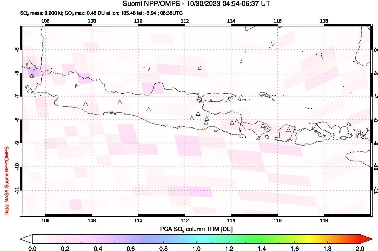 A sulfur dioxide image over Java, Indonesia on Oct 30, 2023.