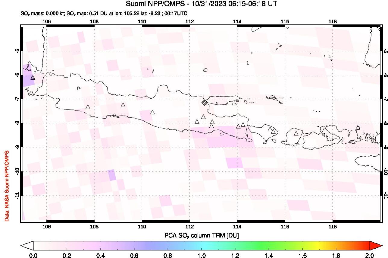 A sulfur dioxide image over Java, Indonesia on Oct 31, 2023.