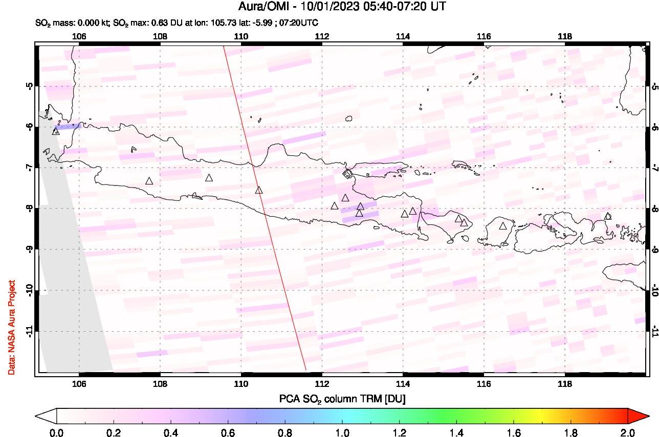 A sulfur dioxide image over Java, Indonesia on Oct 01, 2023.