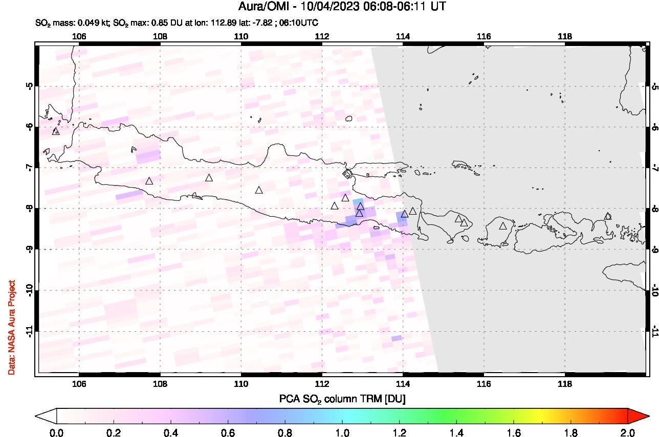 A sulfur dioxide image over Java, Indonesia on Oct 04, 2023.