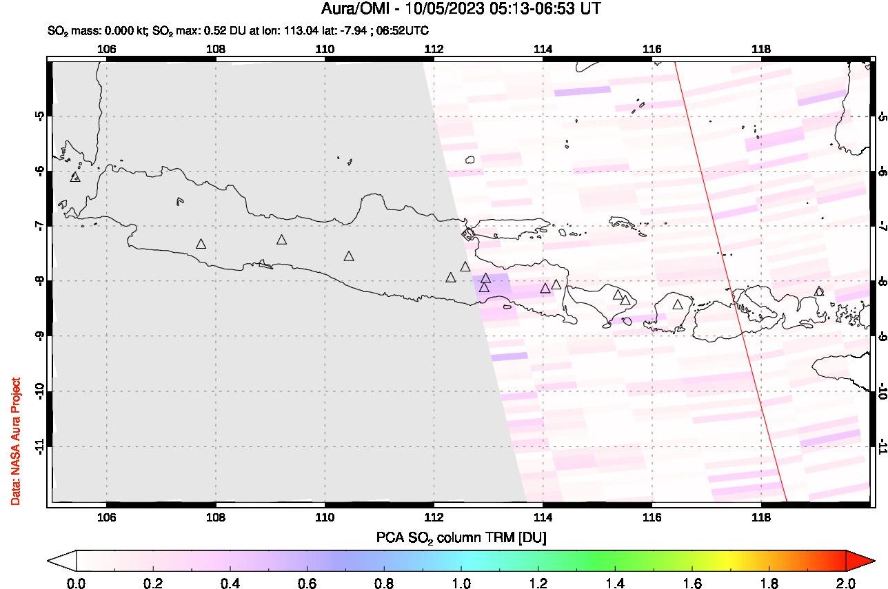 A sulfur dioxide image over Java, Indonesia on Oct 05, 2023.