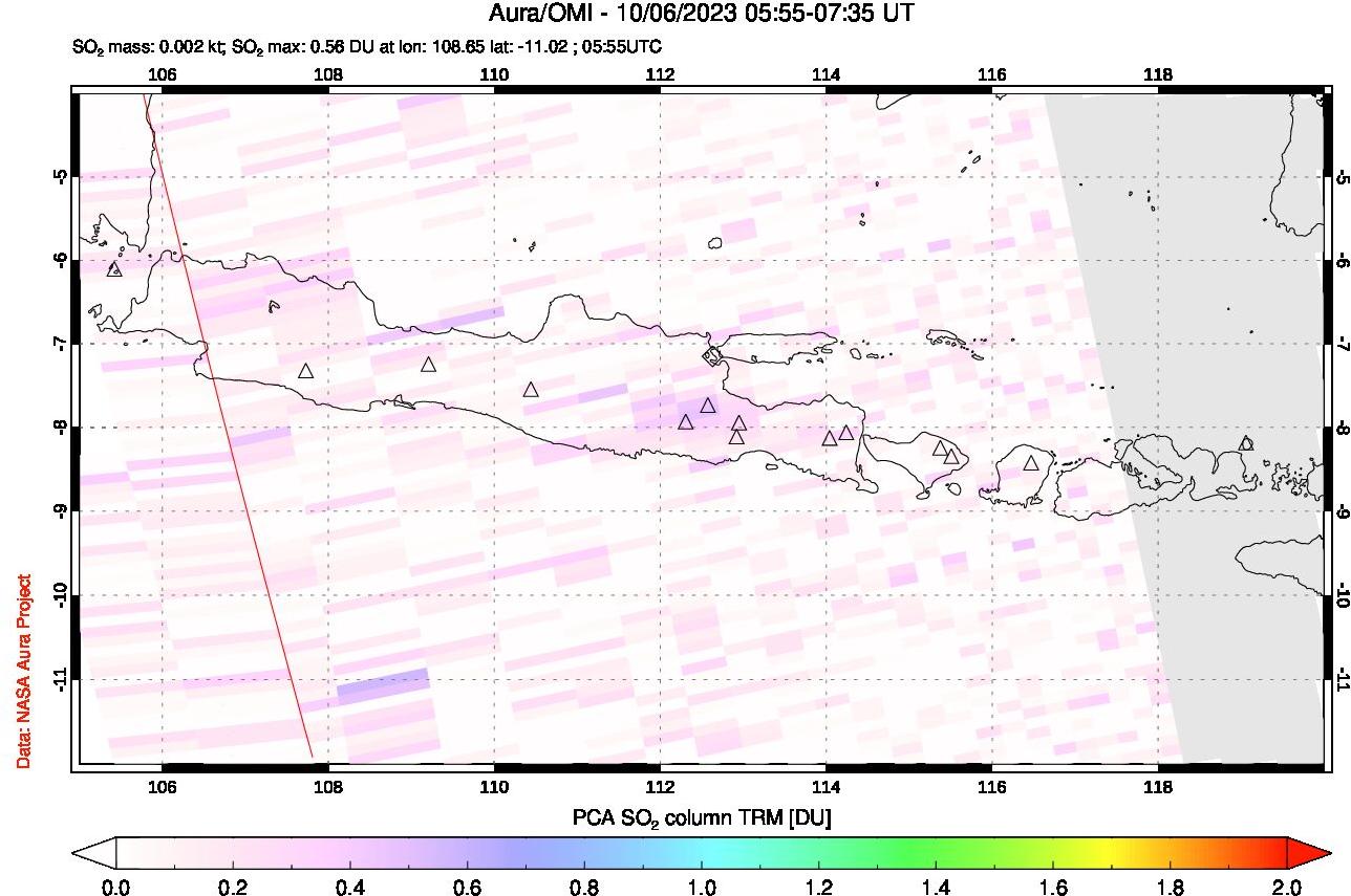 A sulfur dioxide image over Java, Indonesia on Oct 06, 2023.