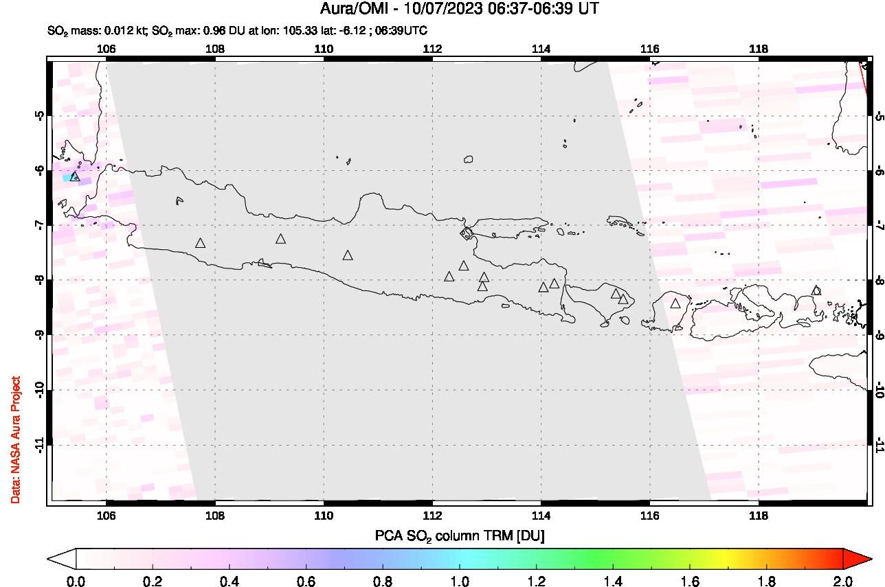 A sulfur dioxide image over Java, Indonesia on Oct 07, 2023.