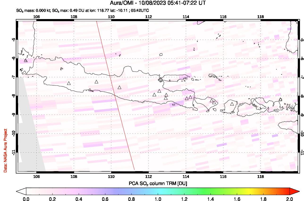 A sulfur dioxide image over Java, Indonesia on Oct 08, 2023.