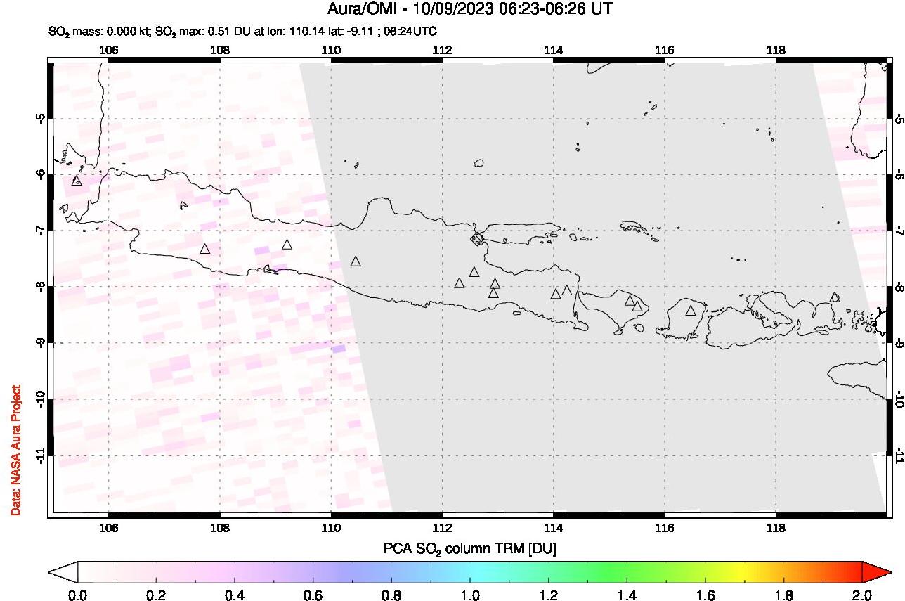 A sulfur dioxide image over Java, Indonesia on Oct 09, 2023.
