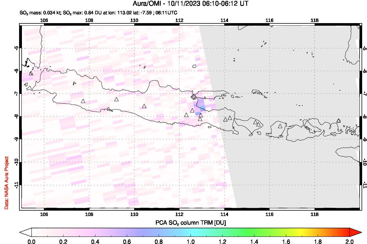 A sulfur dioxide image over Java, Indonesia on Oct 11, 2023.