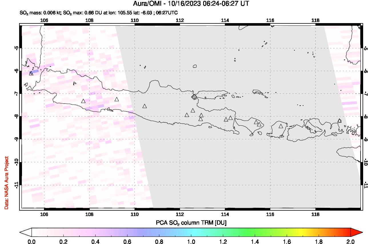 A sulfur dioxide image over Java, Indonesia on Oct 16, 2023.