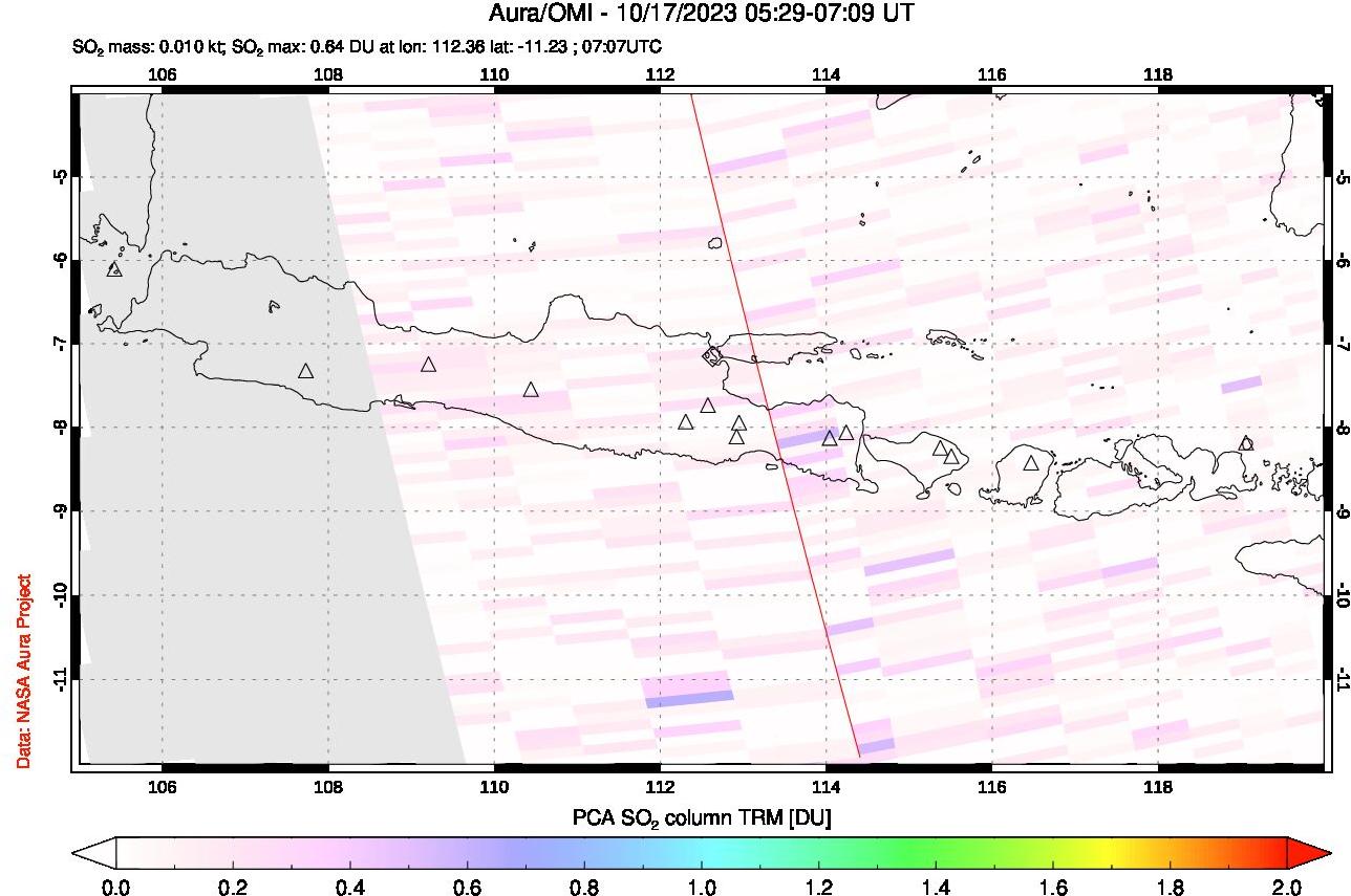 A sulfur dioxide image over Java, Indonesia on Oct 17, 2023.