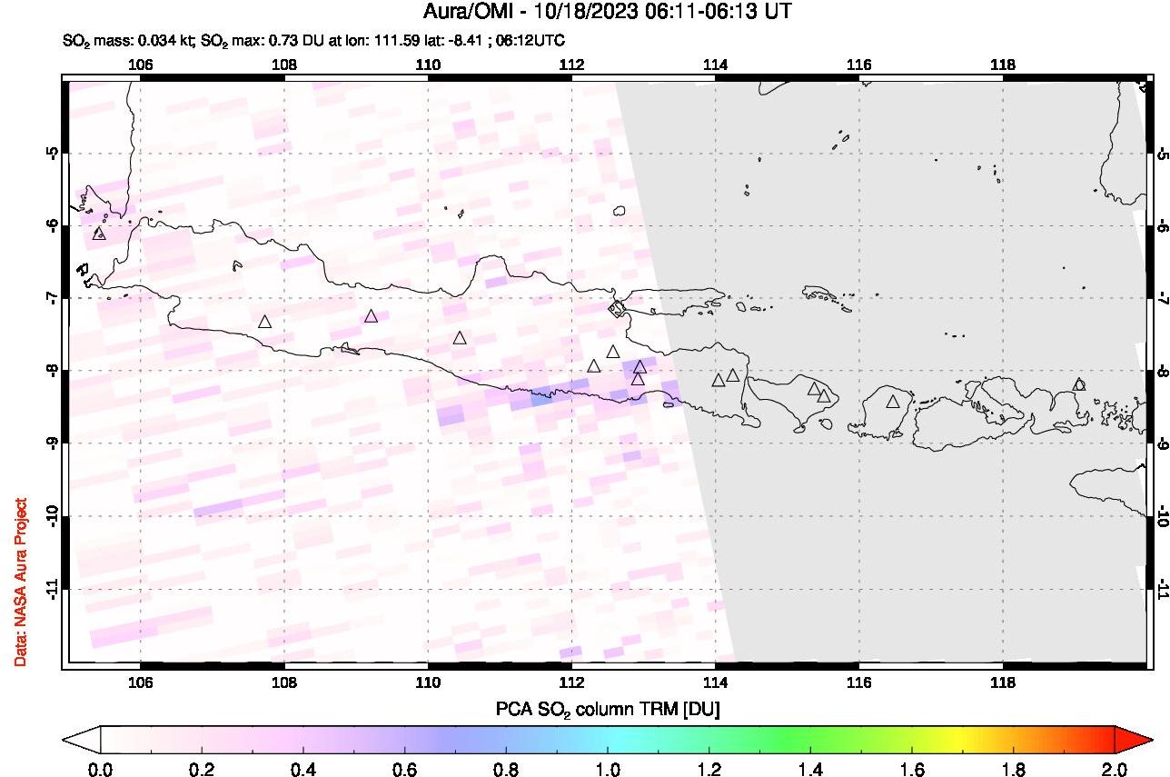 A sulfur dioxide image over Java, Indonesia on Oct 18, 2023.