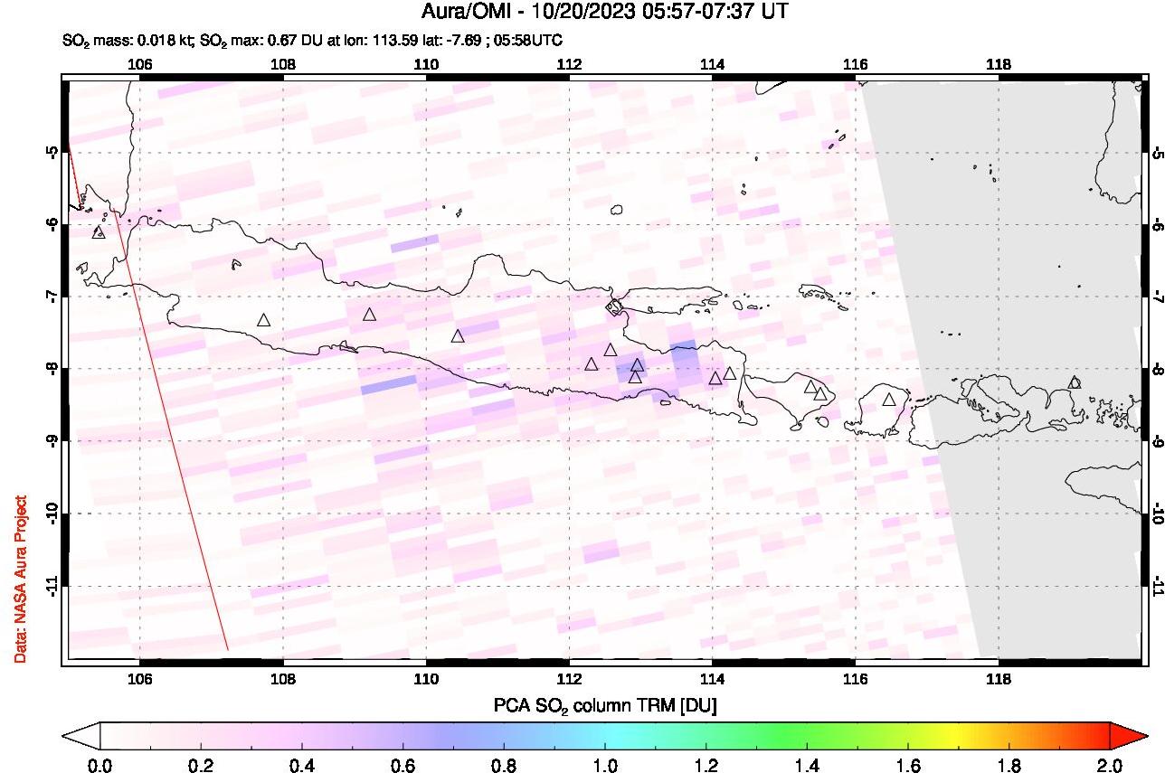 A sulfur dioxide image over Java, Indonesia on Oct 20, 2023.