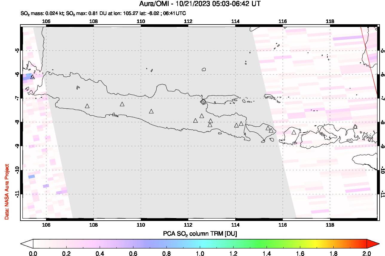 A sulfur dioxide image over Java, Indonesia on Oct 21, 2023.