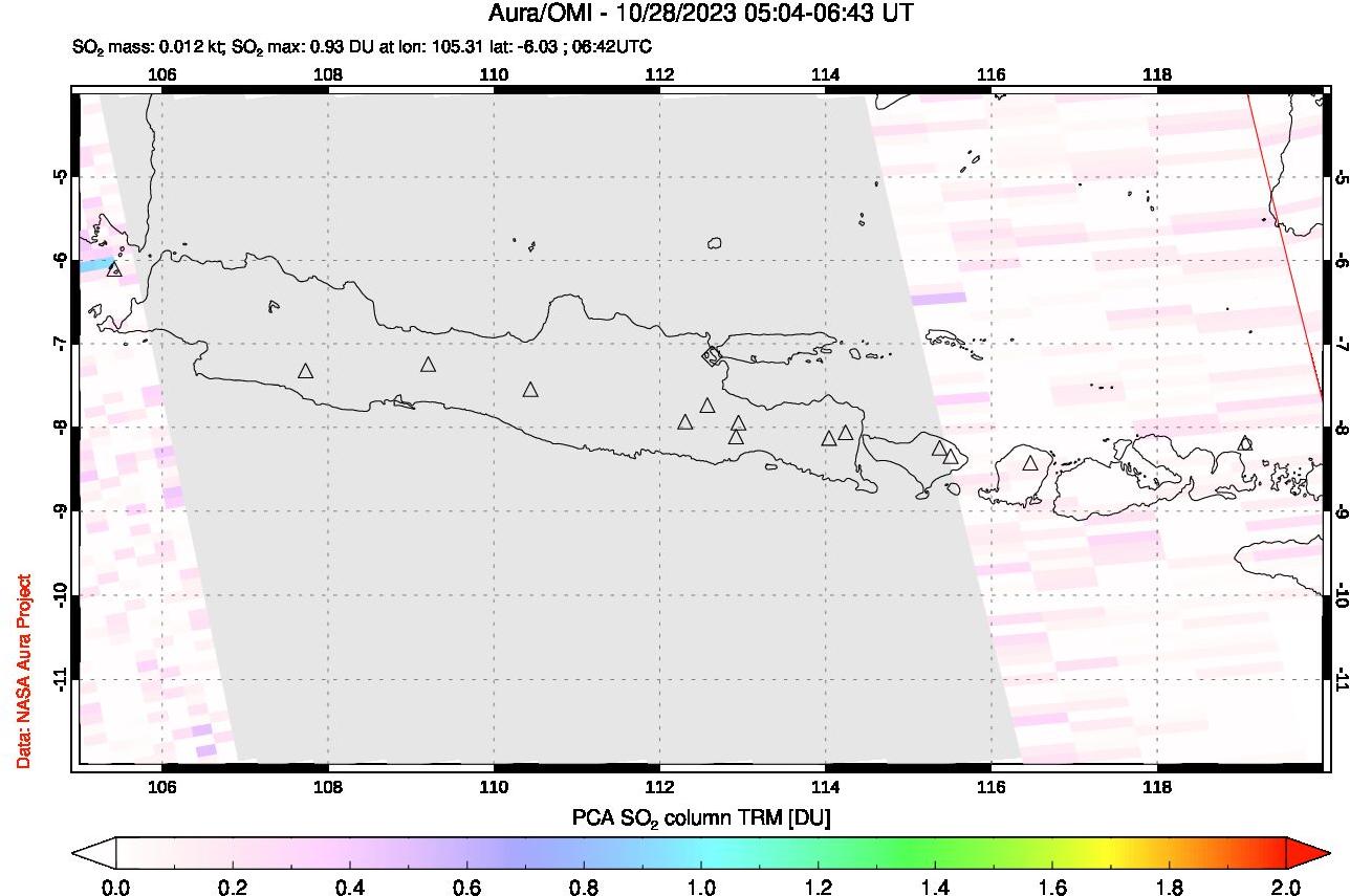 A sulfur dioxide image over Java, Indonesia on Oct 28, 2023.