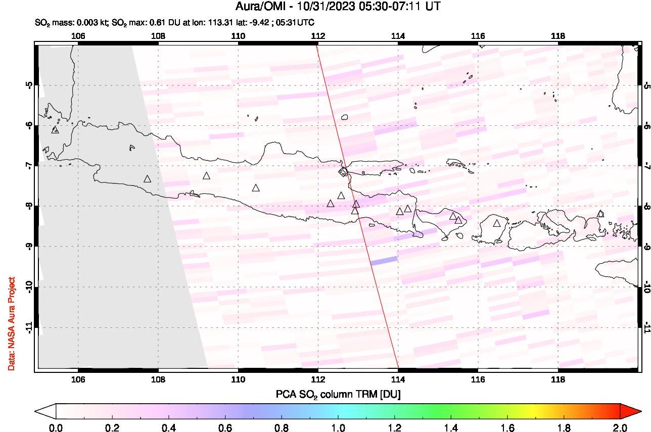 A sulfur dioxide image over Java, Indonesia on Oct 31, 2023.