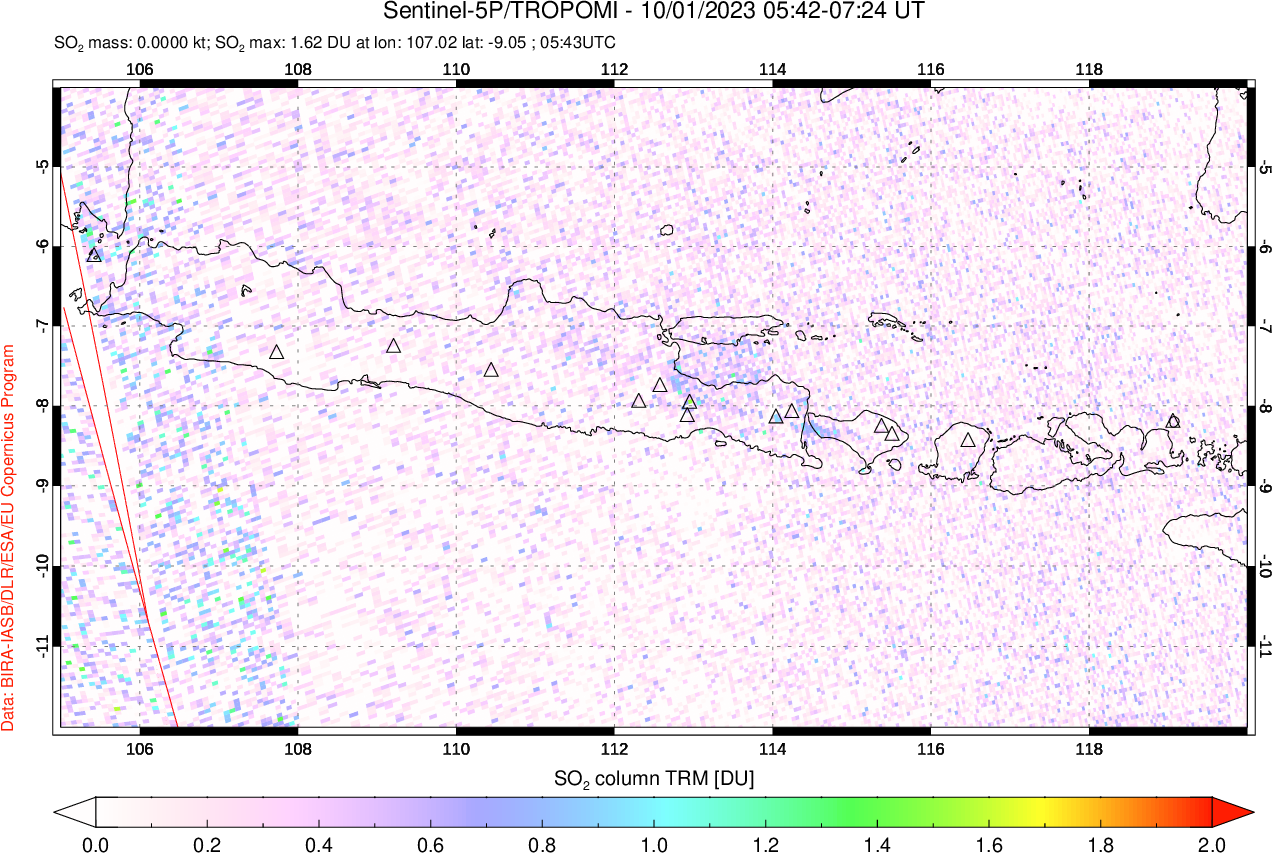 A sulfur dioxide image over Java, Indonesia on Oct 01, 2023.