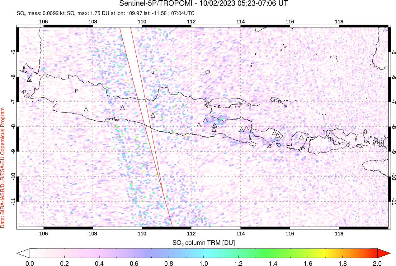 A sulfur dioxide image over Java, Indonesia on Oct 02, 2023.