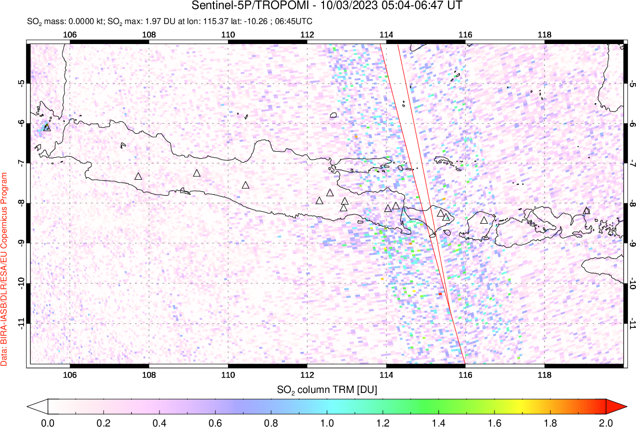 A sulfur dioxide image over Java, Indonesia on Oct 03, 2023.